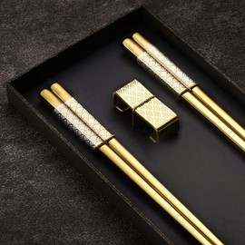 TIICOO Metal Chopsticks Reusable 2 Pairs Titanium Stainless Steel 18/8 Chopsticks with Holder, Dishwasher Safe Lightweight Japanese Style Chopsticks Gift Set(Gold)
