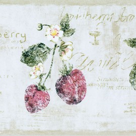 Concord Wallcoverings Wallpaper Border Floral Pattern Strawberry Flowers Leaves Words for Kitchen Dining Area Cottage Farmhouse, Gray Beige Red Green, 15 ft by 7 in RY3291B
