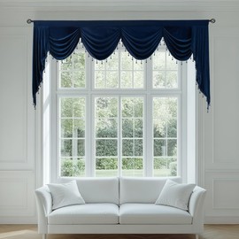 KNEOQIT Extra Wide Velvet Curtain Valance, Soft Touch Rod Pocket Valance with Bead Tassels, Large Waterfall Valance for Living Room, Navy Blue 110 Inch,1 Panel