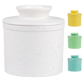 Ceramic Butter Crock with Lid, Countertop French Butter Keeper with Water Line for Spreadable Soft Butter, Speckle White