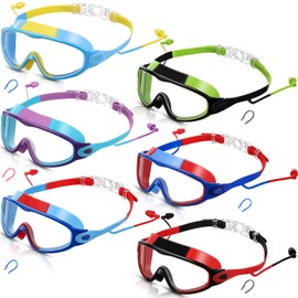 Kanayu 6 Pieces Kids Swimming Goggles Pool Goggles Anti Fog Wide View No Leaking with Wear Earplugs Nose Clip for Kids 6-13 (Multicolor)