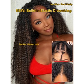 Sunber EasiContour V Part Human Hair Ombre Chestnut Brown Curly Glueless Wig Upgrade Vpart Wigs No Leave Out No Gel 180% Density V Shape Clip Wigs No Sew in Ready to Go Beginner Friendly 24Inch