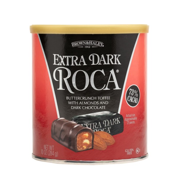 Brown & Haley Almond Extra Dark Roca Canister, Individually Wrapped Extra Dark Chocolate Candy, Buttercrunch Toffee with Almonds Covered in Dark Chocolate, 10 Ounces (Pack of 1)