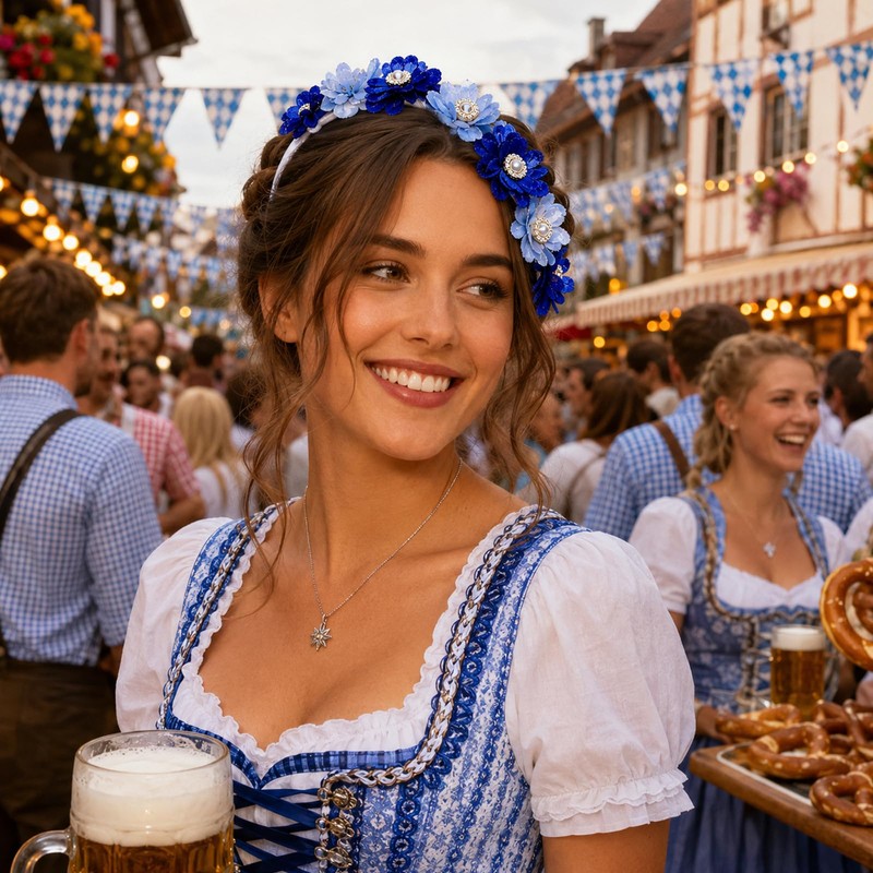 Women's Flower Headband Dirndl - Blue Oktoberfest Accessory Set