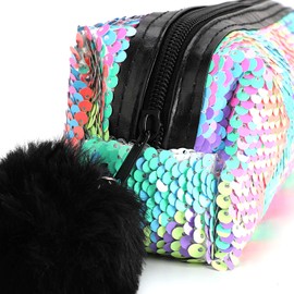 PHOGARY Sequin Preppy Pencil Case for Girls, Fluffy Zip Pull Pouch Bag Holographic Pen Case Sparkling School Stuff Shimmery Glitter Makeup Bag (Purple, Silver)
