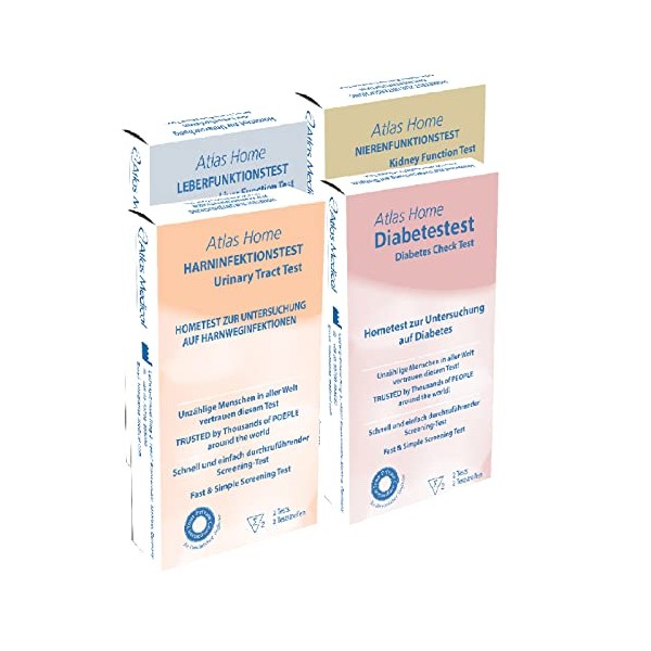 Atlas Health Screening Pack - Bundle of 4 Boxes of Diabetes/UTI/Liver Function/Kidney Function Tests Includes 2 Tests per Box