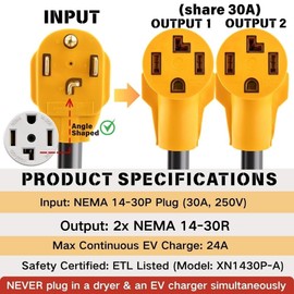 MECMO NEMA 14-30P to 2X 14-30R Dryer Splitter for Modern 4-Prong 14-30R Receptacles Only, Y Adapter Cord 2.2ft for New Dryer & 24A Level 2 EV Charging, One Device at a Time Max 30A Shared, ETL Listed
