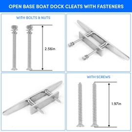 WTMORE Boat Cleats 6 inch, Open Base Boat Dock Cleats, 316 Stainless Steel Dock Cleats Marine Grade Rope Cleats with Fasteners for Boat, Dock, Deck, Kayak, Yacht, Nautical Decor, 4 Pack