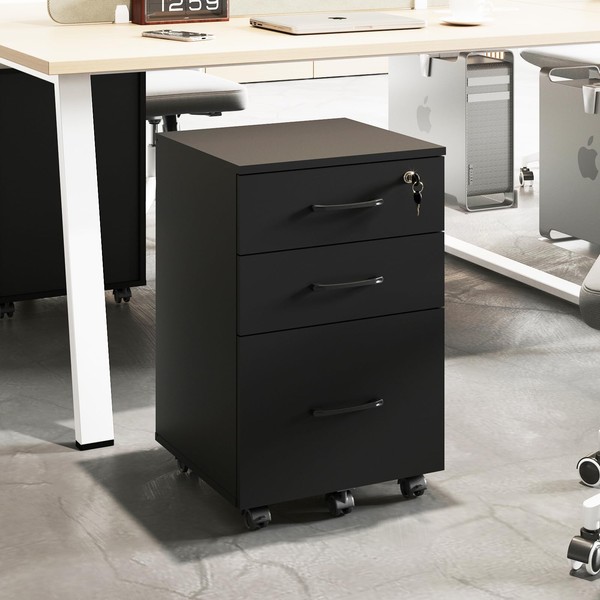 ALBSL File Cabinet with Lock,3 Drawer Wood Rolling Filing Cabinets