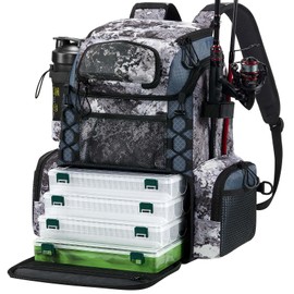 Piscifun Fishing Tackle Backpack with Rod Holders & 4 Tackle Boxes, Outdoor Fishing Bag with Waterproof Rain Cover Veil Camouflage