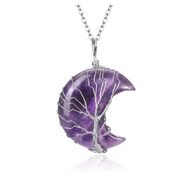 JSDDE Natural Amethyst Crystals Stone Necklace Healing Crystal Life Tree Wire Wrapped Moon Quartz Gemstone Pendant Necklace Jewelry
