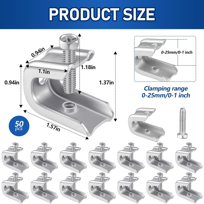 Hicarer 50 Pcs 1/4" x 20 Beam Clamp Steel Screw