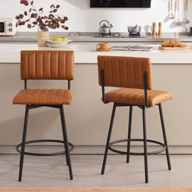 MILCIL Swivel Counter Height Barstool with Back, Upholstered 26'' Counter Stool with Metal Frame, Channel Seat Back, Faux Leather Cognac