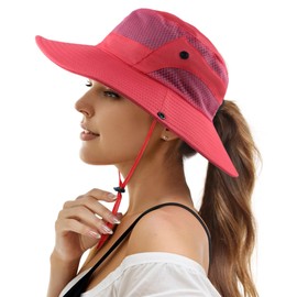 Mukeyo Womens Ponytail Sun Hat Wide Brim Mesh Bucket Hat UV UPF50 Protection Hat Foldable Summer Travel Beach Fishing Hats Watermelon Red