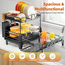 Urackify Dish Drying Rack - Extendable Dish Drainer, Large Dish Rack for Kitchen Counter, Rustproof Dish Strainer with Utensil Holder and Cups Holder, 2 Tier Black