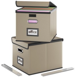 Huolewa File Organizer Boxes with Lids, Collapsible Faux Leather Hanging File Folder Box Organizer with Plastic Slide, Decorative Home/Office Filing System Boxes for File and Folders Storage