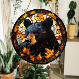 8x8 inch Charming Black Bear Autumn Acrylic Stained Glass Window Hanging Sun Catcher Decor Stained Panel Hangings Wall Art Decor, for Friends and Family (Black Bear)