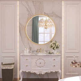 Keonjinn 24 Inch Gold Round LED Bathroom Mirror with 3000K/4500K/6000K Lights Framed Circle Mirror Dimmable Lighted Vanity Makeup Mirror