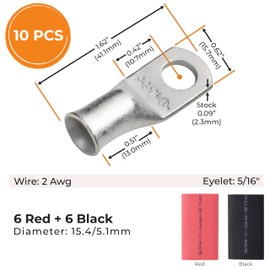 SELTERM 10pcs - 2 Awg - 5/16" Stud - Battery Lugs - Ring Terminal Connectors | with 12pcs 3:1 Black & Red Heat Shrink Tubing with Adhesive | Heavy Duty Battery Cable Ends - Tinned Copper Wire Lugs Kit
