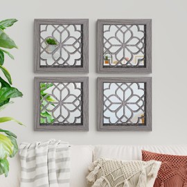 HMANGE 4pcs Farmhouse Wall Mirror with Carved Floral Design - Rustic Mirror Decor for Home, 12x12 Inch(Brown)