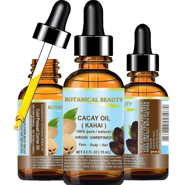 Botanical Beauty CACAY ( Kahai ) OIL 100 % Pure Natural Virgin Unrefined WILD GROW Anti Aging Anti Wrinkle Face Oil nutrient rich in natural Retinol Vitamin A, E. 0.5 Fl.oz.- 15 ml
