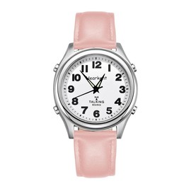 Ladies Talking Watch for Visually impaired with Large Numbers, American Voice, Nylon Strap, Self Setting, Gift for Blind or Elderly People - Colour: Pink Leather