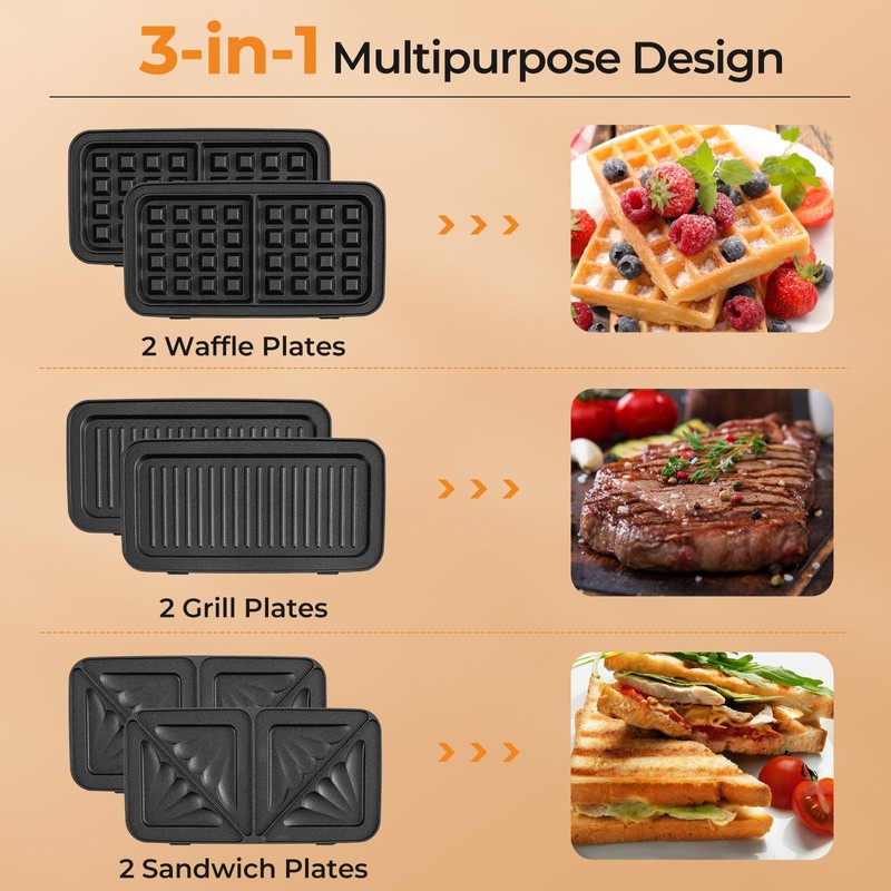 ARLIME 3 in 1 Waffle Maker, 1200W Electric Panini Press