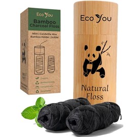 EcoYou Hilo dental de bambú con carbón  2 recambios de hilo dental natural con envase de bambú  Menta orgánica y cera de candelilla  Vegano y