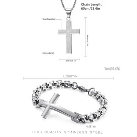 YAQILUBEI Men's Cross Necklace and Bracelet Set 316L Stainless Steel Large Jesus Christ Pendant Jewelry Rolo Chain Black