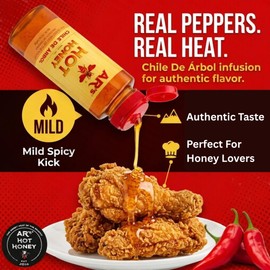 AR’s Hot Southern Honey, Chile De Arbol (Mild) - Blend of Sweet Clover, Real Wildflower Honeys & Real Red Chili Peppers, Raw 100% Pure Premium Honey, No Artificial Sugar, 12 oz (Pack of 2)