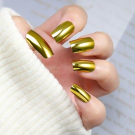 Gold Press on Nails Medium Square Fake Nail With Chrome Designs Gold Mirror Metal False Nails Glossy Full Cover Acrylic Artificial Stick on Nail for Women 24 Pcs