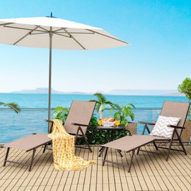 Giantex Patio Lounge Chair Foldable Chaise Lounger, Outdoor Sunbathing Chair W/ 5-Position Backrest, 2-Position Footrest, Steel Frame, Portable Recliner for Yard, Lawn Tanning Pool Chairs (2, Brown)