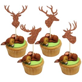 24 piezas de adornos para magdalenas de ciervos de Navidad con purpurina, adornos para tartas, Navidad, Año Nuevo, Navidad, caza, baby shower, suministros para fiestas de cumpleaños, color café