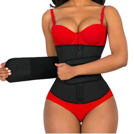 YIANNA Latex Waist Trainer for Women Tummy Control Jsculpt Double Sweat Trimmer Belt Workout Training Sport Girdle, YA2225-Black-XL