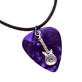 Guitar Pick Necklace with Electric Guitar Charm & Vegan Leather Cord Chain (Purple)