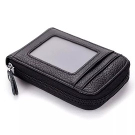 Unbranded Men Wallet Credit Card Holder Genuine Leather RFID Blocking Zipper Pocket Thin - Black