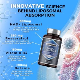 Suplemento liposomal NAD+ con resveratrol, vitamina B3 y TMG | Fórmula real NAD Plus, no NMN o NR | Potente 4 en 1 saludable envejecimiento y apoyo de