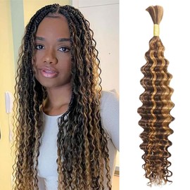 Human Braiding Hair Deep Wave Human Hair Extensions No Weft Curly Bundles Human Hair for Boho Braids Human Hair Bundles Hair Extension 22 Inches 50 g 4/27 Highlight Blonde Brown