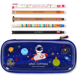 LEGAMI WonderWow Pencil Case & Erasable Pen | Set of 5 Cute Animal Pens with Thermosensitive Ink + 2-Compartment Pencil Case | Back to School Supplies for Girls, Boys, Kids (Space)