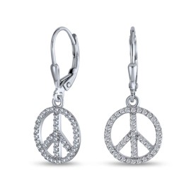 Message World Peace Sign Symbol Cubic Zirconia Pave CZ Lever back Drop Dangle Earrings For Women For Teen .925 Sterling Silver