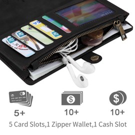 LG Stylo 6 Wallet case,Simicoo LG Stylo 6 Flip Leather case Card Slots Holder Zipper Purse Detachable Magnetic Cover Hand Strap Cash Pocket Pouch Wallet for LG Stylo 6 Woman Man(Black)