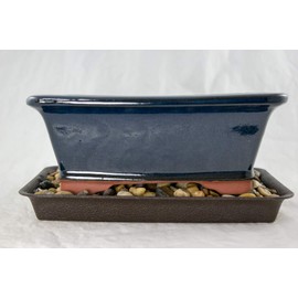 8" Rectangular Dark Blue Bonsai Pot, Cactus & Succulent Planter + Tray + Rock + Mesh Combo (768-8DB COM)