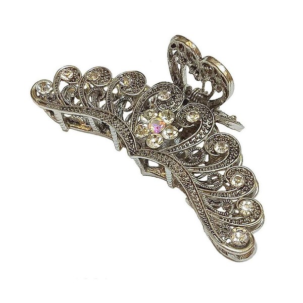 Women Fashion Retro Metal Alloy Rhinestone Large Size Fancy Hair Claw Jaw Clips Pins  for Thick Hair (white 2)