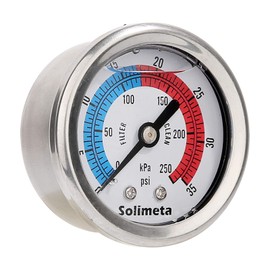 Solimeta 2" Dial Pool Filter Pressure Gauge, Glycerine Filled Pressure Gauge, Water Pressure Gauge, 304 Stainless Steel Case,1/4"NPT Center Back Mount