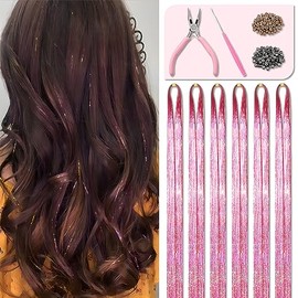 Pink Fairy Hair Tinsel Kit 48 Inches 1200 Strands with Tools and Instruction Easy to Install Glitter Tinsel Hair Extensions for Women and Girls，Shinny