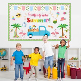 Justforjoyful 61Pcs Summer Truck Bulletin Board Set Hawaiian Theme Cutout Classroom Bulletin Board Border Decoration Tropical Surfing Into Summer Cutouts Wall Decor Chalkboard Back to School Supplies