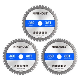 Ninehole Pack of 3 160 x 20 mm x 36/48/60T Circular Saw Blade for Wood, Plywood, Laminate, Drywall, Plastic, Plastic (36.48, 60 Teeth)