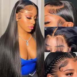 Ncozwo Straight Lace Frontal Wigs 13x4 Lace Front Straight Wig Pre Plucked with Baby Hair HD Transparent Density Artificial Fiber Human Hair for Women Pre Cut Glueless Lace Front Wig 26 Inch