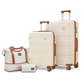 imiomo Luggage Sets 2 Piece Check and Large,Hardside Suitcase with Spinner Wheels, Lightweight Rolling Travel Luggage with TSA Lock (Beige, 4PCS)