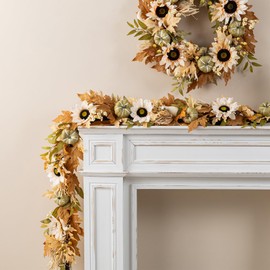 Glitzhome Fall Maple Leaf Garland - 6FT Artificial Sunflower Pumpkin Autumn Garland Decoration for Wedding Party Thanksgiving Dinner Fireplace Door Frame Doorway Backdrop Decor